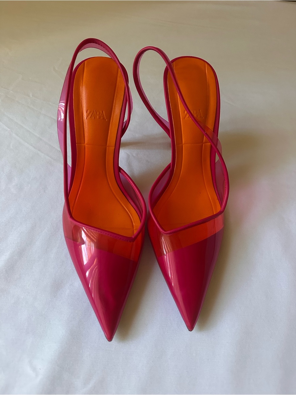 Zara Hot Pink Pointed Slingback Pumps with Orange Insole